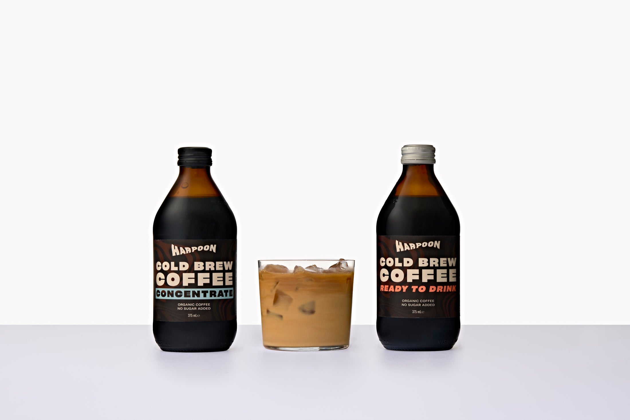 Harpoon Cold Brew Concentrate and Ready to Drink either side of an iced coffee